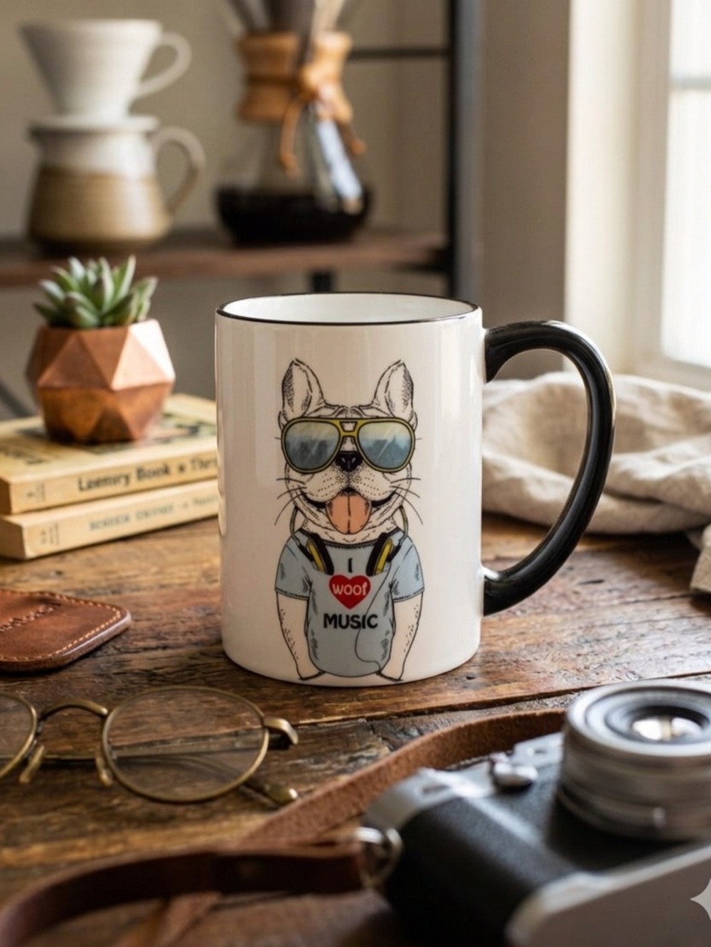 Hipster Dog Stoneware Coffee Mug Graphic Animal “I Woof Music” Signature Ceramic